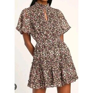 Lulus Black Floral Print Tiered Mini Dress Womens Size XL Mock Neck